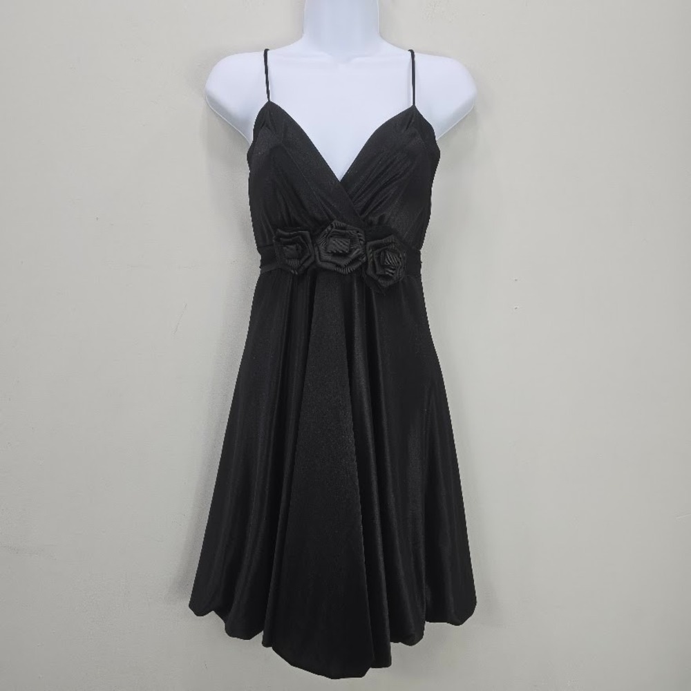 Vtg Y2K Mini‎ Dress M Black Babydoll Bubble Hem Flower Tie Strappy Formal Dance